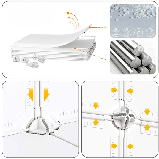 Dulap Modular Copii DreamZoo Indiggo®, Organizator Jucarii si Haine, 9 Compartimente cu Usi, Raft pentru Camera Copilului, Biblioteca Modulara, Greutate Maxima Suportata Aproximativ 5 kg / Compartiment, Dimensiuni - 110x110x37 cm, 3 Ani+, Alb Pastel