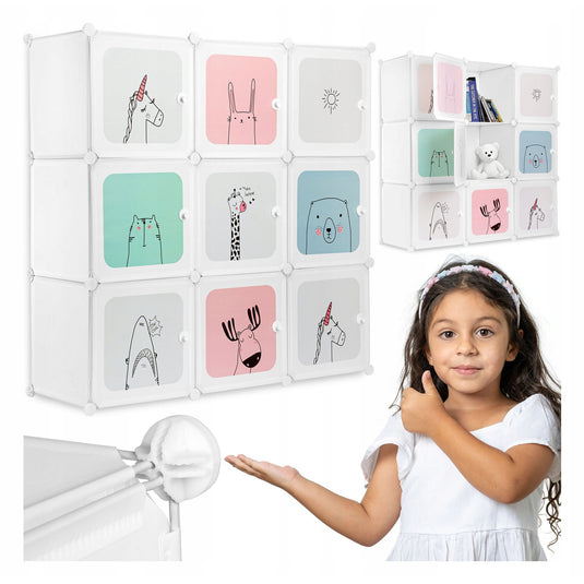 Dulap Modular Copii DreamZoo Indiggo®, Organizator Jucarii si Haine, 9 Compartimente cu Usi, Raft pentru Camera Copilului, Biblioteca Modulara, Greutate Maxima Suportata Aproximativ 5 kg / Compartiment, Dimensiuni - 110x110x37 cm, 3 Ani+, Alb Pastel
