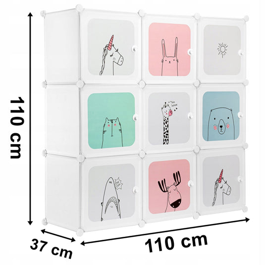 Dulap Modular Copii DreamZoo Indiggo®, Organizator Jucarii si Haine, 9 Compartimente cu Usi, Raft pentru Camera Copilului, Biblioteca Modulara, Greutate Maxima Suportata Aproximativ 5 kg / Compartiment, Dimensiuni - 110x110x37 cm, 3 Ani+, Alb Pastel