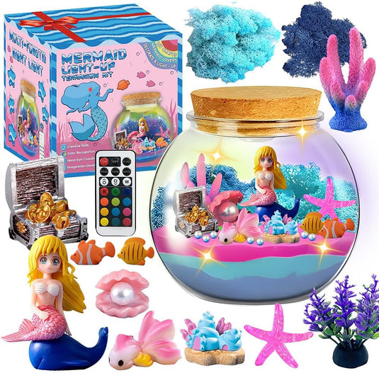 Lampa de Noapte pentru Copii OceanMagic Indiggo®Set Creativ DIY Terrarium cu Sirena pentru Copii, Lampa de Noapte LED cu Telecomanda, 12 Culori si 4 Moduri de Iluminare, Nisip Magic, Cristale si Figurine Marine, Joc Educativ STEM, 3 Ani+, Turcoaz
