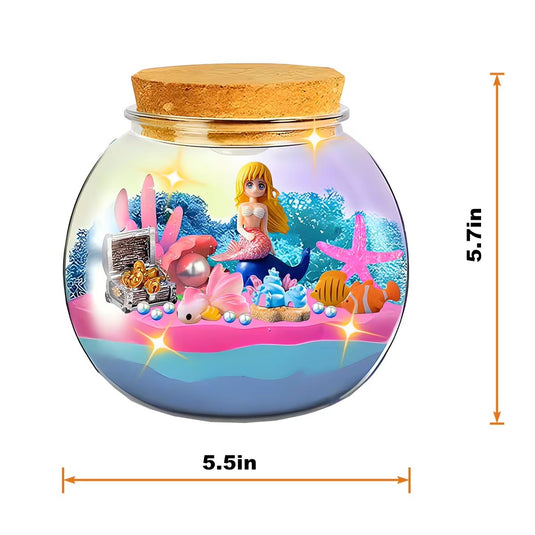 Lampa de Noapte pentru Copii OceanMagic Indiggo®Set Creativ DIY Terrarium cu Sirena pentru Copii, Lampa de Noapte LED cu Telecomanda, 12 Culori si 4 Moduri de Iluminare, Nisip Magic, Cristale si Figurine Marine, Joc Educativ STEM, 3 Ani+, Turcoaz