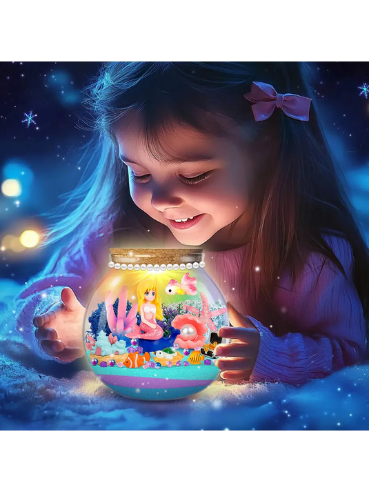 Lampa de Noapte pentru Copii OceanMagic Indiggo®Set Creativ DIY Terrarium cu Sirena pentru Copii, Lampa de Noapte LED cu Telecomanda, 12 Culori si 4 Moduri de Iluminare, Nisip Magic, Cristale si Figurine Marine, Joc Educativ STEM, 3 Ani+, Turcoaz
