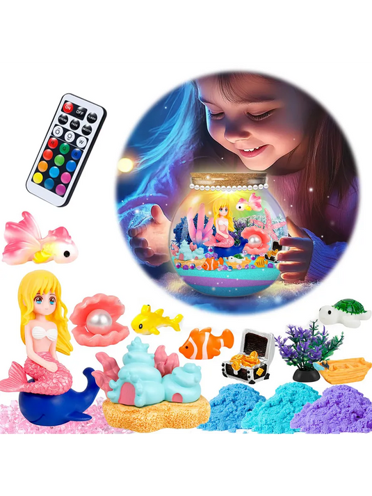 Lampa de Noapte pentru Copii OceanMagic Indiggo®Set Creativ DIY Terrarium cu Sirena pentru Copii, Lampa de Noapte LED cu Telecomanda, 12 Culori si 4 Moduri de Iluminare, Nisip Magic, Cristale si Figurine Marine, Joc Educativ STEM, 3 Ani+, Turcoaz