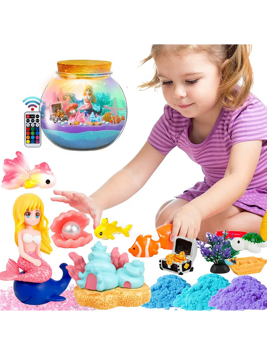 Lampa de Noapte pentru Copii OceanMagic Indiggo®Set Creativ DIY Terrarium cu Sirena pentru Copii, Lampa de Noapte LED cu Telecomanda, 12 Culori si 4 Moduri de Iluminare, Nisip Magic, Cristale si Figurine Marine, Joc Educativ STEM, 3 Ani+, Turcoaz