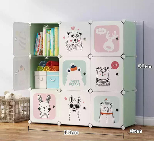 Dulap Modular Copii DreamAnimals Indiggo®, Organizator Jucarii si Haine, 9 Compartimente cu Usi, Raft pentru Camera Copilului, Biblioteca Modulara, Greutate Maxima Suportata Aproximativ 5 kg / Compartiment, Dimensiuni - 110x110x37 cm, 3 Ani+, Green