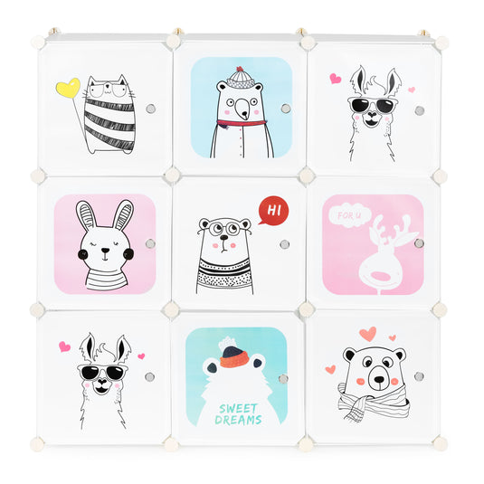 Dulap Modular Copii DreamAnimals Indiggo®, Organizator Jucarii si Haine, 9 Compartimente cu Usi, Raft pentru Camera Copilului, Biblioteca Modulara, Greutate Maxima Suportata Aproximativ 5 kg / Compartiment, Dimensiuni - 110x110x37 cm, 3 Ani+, Green