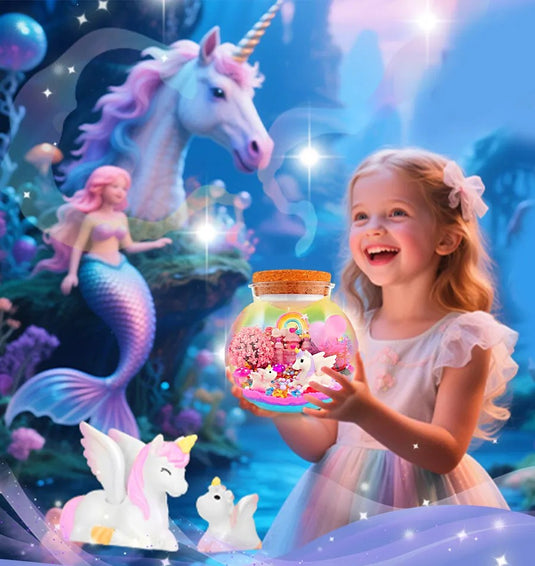 Lampa de Noapte pentru Copii UnicornLight Indiggo®Set Creativ DIY Terrarium cu Sirena pentru Copii, Lampa de Noapte LED cu Telecomanda, 13 Culori si 4 Moduri de Iluminare, Nisip Magic, Cristale si Figurine Marine, Joc Educativ STEM, 3 Ani+, Pink