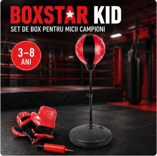Set Box pentru Copii BoxStar Kid Indiggo® Include Manusi, Para de Box, Pompa si Suport Reglabil 88.5-124 cm, Sac de Box pentru Karate, MMA, Kickboxing, Muay Thai, 3 - 8 Ani, Red Star