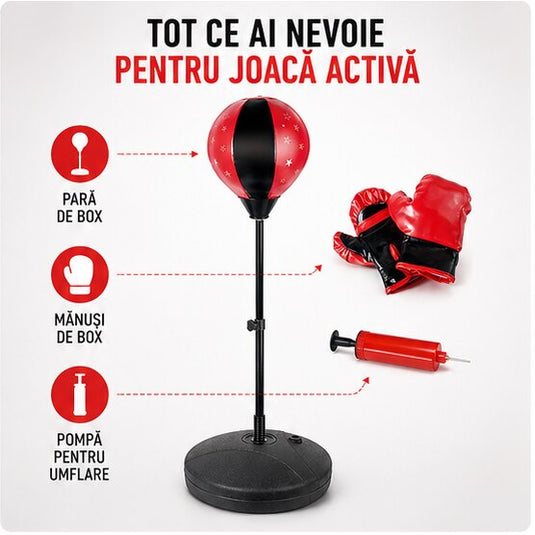 Set Box pentru Copii BoxStar Kid Indiggo® Include Manusi, Para de Box, Pompa si Suport Reglabil 88.5-124 cm, Sac de Box pentru Karate, MMA, Kickboxing, Muay Thai, 3 - 8 Ani, Red Star