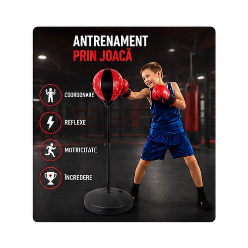 Set Box pentru Copii BoxStar Kid Indiggo® Include Manusi, Para de Box, Pompa si Suport Reglabil 88.5-124 cm, Sac de Box pentru Karate, MMA, Kickboxing, Muay Thai, 3 - 8 Ani, Red Star