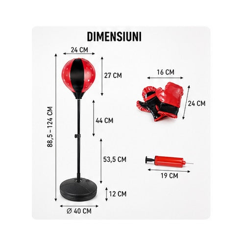 Set Box pentru Copii BoxStar Kid Indiggo® Include Manusi, Para de Box, Pompa si Suport Reglabil 88.5-124 cm, Sac de Box pentru Karate, MMA, Kickboxing, Muay Thai, 3 - 8 Ani, Red Star
