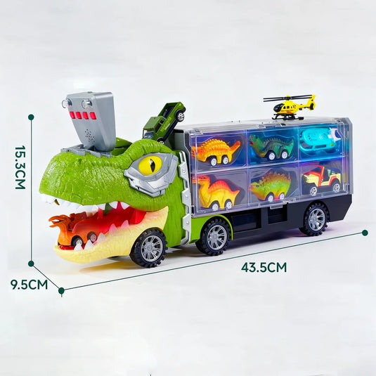 Set Interactiv de Masinute DinoFunTruck, Camion Transportator cu 1 Masinuta, 1 Barca, 4 Figurine de Dinozauri, Sunete si Lumini, Tobogan pentru Masinute, Panou Transparent, Indiggo@, + 3Ani, Green Light