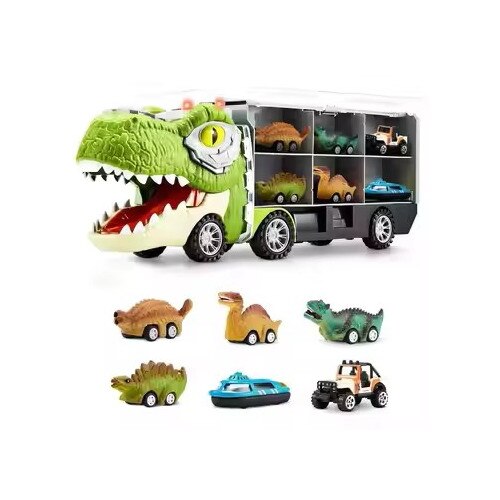 Set Interactiv de Masinute DinoFunTruck, Camion Transportator cu 1 Masinuta, 1 Barca, 4 Figurine de Dinozauri, Sunete si Lumini, Tobogan pentru Masinute, Panou Transparent, Indiggo@, + 3Ani, Green Light