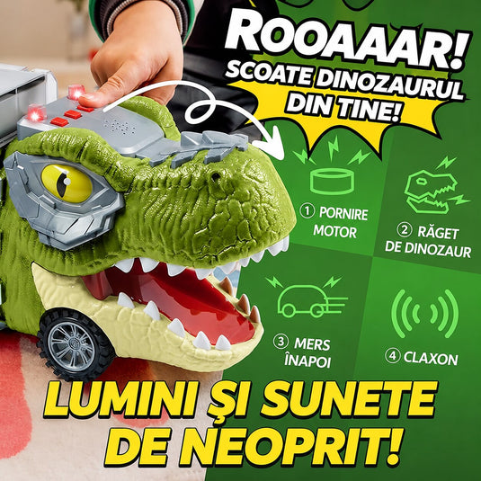 Set Interactiv de Masinute DinoFunTruck, Camion Transportator cu 1 Masinuta, 1 Barca, 4 Figurine de Dinozauri, Sunete si Lumini, Tobogan pentru Masinute, Panou Transparent, Indiggo@, + 3Ani, Green Light