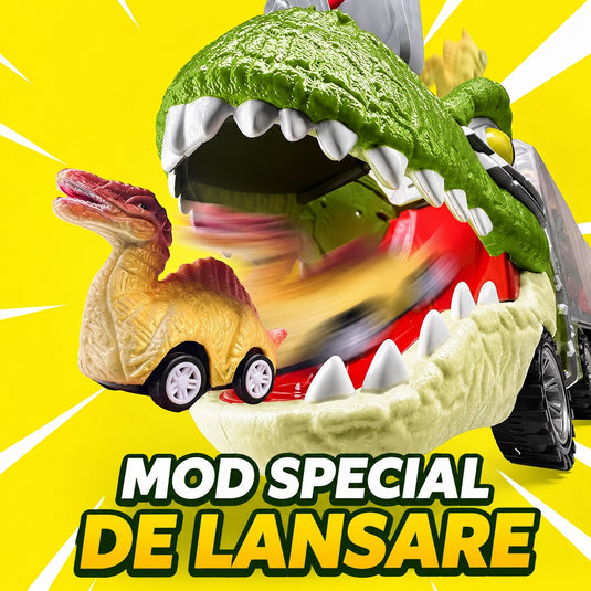 Set Interactiv de Masinute DinoFunTruck, Camion Transportator cu 1 Masinuta, 1 Barca, 4 Figurine de Dinozauri, Sunete si Lumini, Tobogan pentru Masinute, Panou Transparent, Indiggo@, + 3Ani, Green Light