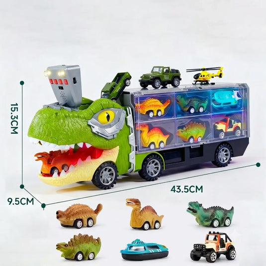 Set Interactiv de Masinute DinoFunTruck, Camion Transportator cu 1 Masinuta, 1 Barca, 4 Figurine de Dinozauri, Sunete si Lumini, Tobogan pentru Masinute, Panou Transparent, Indiggo@, + 3Ani, Green Light