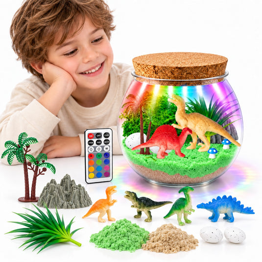 Lampa de Noapte pentru Copii cu Dinozauri Indiggo®, Set Creativ DIY Terrarium, LED cu Telecomanda, 13 Culori si 4 Moduri de Iluminare, 6 Figurine Dinozauri, Nisip Magic in 2 Culori si Decoruri, 6 Ani+, Multicolor
