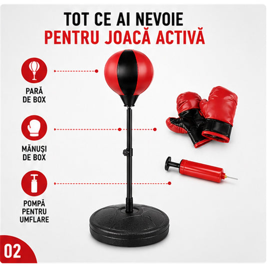 Set Box pentru Copii BoxStar Junior Indiggo® Include Manusi, Para de Box, Pompa si Suport Reglabil 70-106 cm, Sac de Box pentru Karate, MMA, Kickboxing, Muay Thai, 3 - 8 Ani, Rosu/Negru