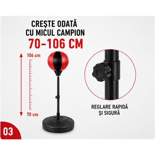 Set Box pentru Copii BoxStar Junior Indiggo® Include Manusi, Para de Box, Pompa si Suport Reglabil 70-106 cm, Sac de Box pentru Karate, MMA, Kickboxing, Muay Thai, 3 - 8 Ani, Rosu/Negru
