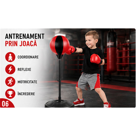 Set Box pentru Copii BoxStar Junior Indiggo® Include Manusi, Para de Box, Pompa si Suport Reglabil 70-106 cm, Sac de Box pentru Karate, MMA, Kickboxing, Muay Thai, 3 - 8 Ani, Rosu/Negru