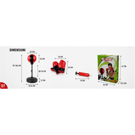 Set Box pentru Copii BoxStar Junior Indiggo® Include Manusi, Para de Box, Pompa si Suport Reglabil 70-106 cm, Sac de Box pentru Karate, MMA, Kickboxing, Muay Thai, 3 - 8 Ani, Rosu/Negru
