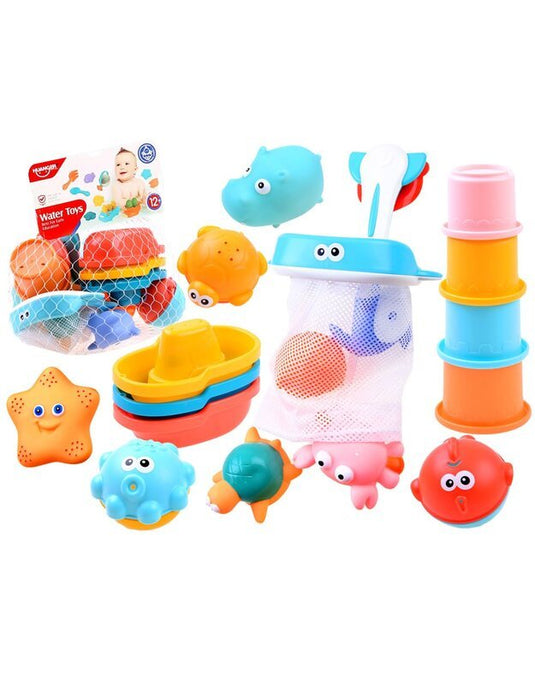 Set 16 Jucarii de Baie pentru Copii, Indiggo, Include 6 Animale Marine din Cauciuc, Plasa de Pescuit cu Ventuza, 4 Cupe, 3 Bile Colorate, Distractiv si Interactiv, 12 luni, Multicolor