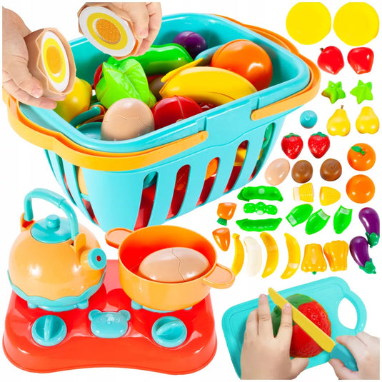 Set de Legume si Fructe pentru Copii, Indiggo, Include Cos cu Manere si Capac, 13 Legume si Fructe Unite cu Velcro, Mini-Aragaz, Oala si Ceainic, in Culori Vibrante, Stimuleaza Imaginatia, 3 ani+, Multicolor