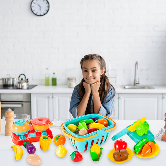 Set de Legume si Fructe pentru Copii, Indiggo, Include Cos cu Manere si Capac, 13 Legume si Fructe Unite cu Velcro, Mini-Aragaz, Oala si Ceainic, in Culori Vibrante, Stimuleaza Imaginatia, 3 ani+, Multicolor