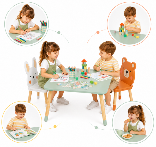 Masuta si 2 Scaune Copii din Lemn Sweet Animals – Set Montessori Bear & Bunny, Design Scandinav, Green Woody