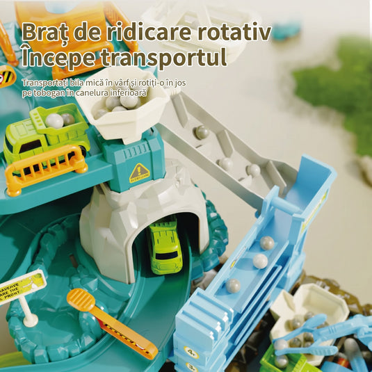 Circuit Electric Multi Etajat 5in1 VirtualPark™ Macara Robotica 360°, 4 Masinute, Lift Automatizat, Efecte Audio Senzoriale, Parcare, Semne de Circulatie, Poduri, Garaj, Terminal Feroviar, Mecanisme Interactive, Jurassic Green
