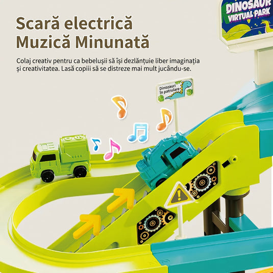 Circuit Electric Multi Etajat 5in1 VirtualPark™ Macara Robotica 360°, 4 Masinute, Lift Automatizat, Efecte Audio Senzoriale, Parcare, Semne de Circulatie, Poduri, Garaj, Terminal Feroviar, Mecanisme Interactive, Jurassic Green