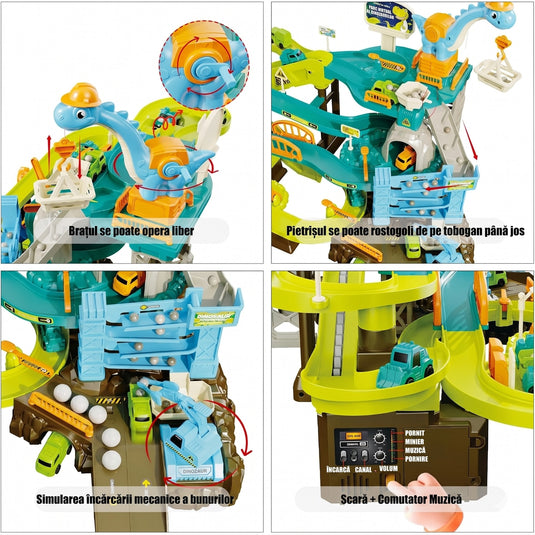 Circuit Electric Multi Etajat 5in1 VirtualPark™ Macara Robotica 360°, 4 Masinute, Lift Automatizat, Efecte Audio Senzoriale, Parcare, Semne de Circulatie, Poduri, Garaj, Terminal Feroviar, Mecanisme Interactive, Jurassic Green