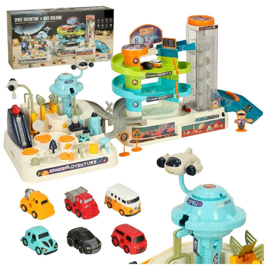 Circuit Electric Multi Etajat 5in1 VirtualPark™ Macara Robotica 360°, 4 Masinute, Lift Automatizat, Efecte Audio Senzoriale, Parcare, Semne de Circulatie, Poduri, Garaj, Terminal Feroviar, Mecanisme Interactive, Jurassic Green