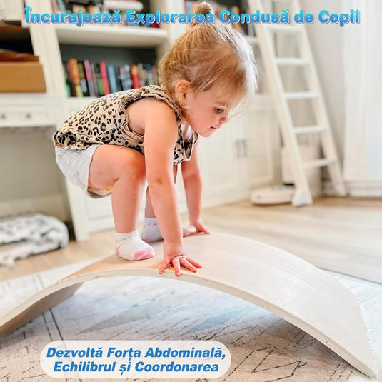 Placa de Echilibru Multifunctional Montessori FlowBoard™ Semicerc din Lemn de Tei, Suport 200 Kg, Joaca si Activitate Fizica, Dezvolta Motricitatea, Coordonarea si Echilibrul, Finisaj Natural cu Ulei, Eco-Friendly, 3+ Ani, Sunny Smile