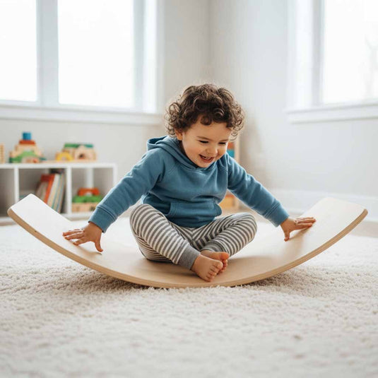 Placa de Echilibru Multifunctional Montessori FlowBoard™ Semicerc din Lemn de Tei, Suport 200 Kg, Joaca si Activitate Fizica, Dezvolta Motricitatea, Coordonarea si Echilibrul, Finisaj Natural cu Ulei, Eco-Friendly, 3+ Ani, Sunny Smile