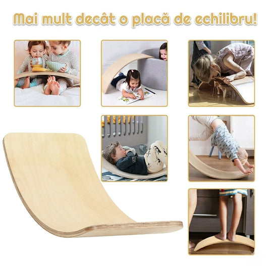 Placa de Echilibru Multifunctional Montessori FlowBoard™ Semicerc din Lemn de Tei, Suport 200 Kg, Joaca si Activitate Fizica, Dezvolta Motricitatea, Coordonarea si Echilibrul, Finisaj Natural cu Ulei, Eco-Friendly, 3+ Ani, Sunny Smile