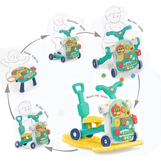 Antemergator Multifunctional 5in1 Rollix Indiggo® Balansoar / Scooter / Premergator / Centru de Activitati / Tricicleta cu Maner, Muzica si Lumini, Panou Detasabil, Pian, Forme Colorate, Roti Antiderapante si Blocabile, Rezervor cu Apa, Green