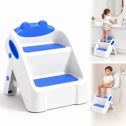 Scarita pentru Copii STEPSY™ Stability+ cu Doua Trepte Antialunecare, Pliabila, Manere Laterale pentru Prindere, Ajutor pentru Chiuveta, Toaleta, Bucatarie, Compacta, Capacitate 68 Kg, Teddy Blue