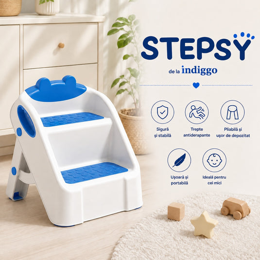 Scarita pentru Copii STEPSY™ Stability+ cu Doua Trepte Antialunecare, Pliabila, Manere Laterale pentru Prindere, Ajutor pentru Chiuveta, Toaleta, Bucatarie, Compacta, Capacitate 68 Kg, Teddy Blue
