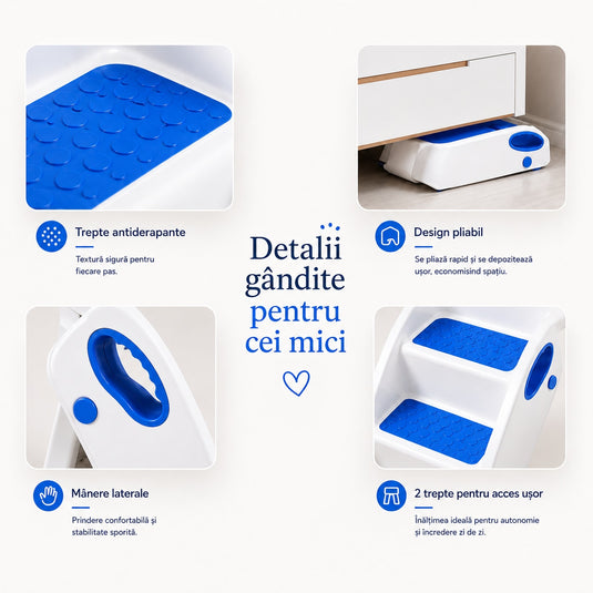 Scarita pentru Copii STEPSY™ Stability+ cu Doua Trepte Antialunecare, Pliabila, Manere Laterale pentru Prindere, Ajutor pentru Chiuveta, Toaleta, Bucatarie, Compacta, Capacitate 68 Kg, Teddy Blue