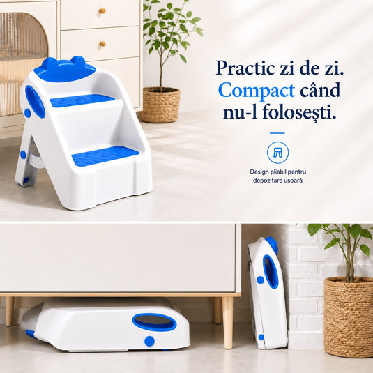 Scarita pentru Copii STEPSY™ Stability+ cu Doua Trepte Antialunecare, Pliabila, Manere Laterale pentru Prindere, Ajutor pentru Chiuveta, Toaleta, Bucatarie, Compacta, Capacitate 68 Kg, Teddy Blue