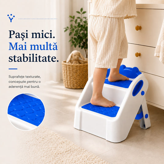 Scarita pentru Copii STEPSY™ Stability+ cu Doua Trepte Antialunecare, Pliabila, Manere Laterale pentru Prindere, Ajutor pentru Chiuveta, Toaleta, Bucatarie, Compacta, Capacitate 68 Kg, Teddy Blue