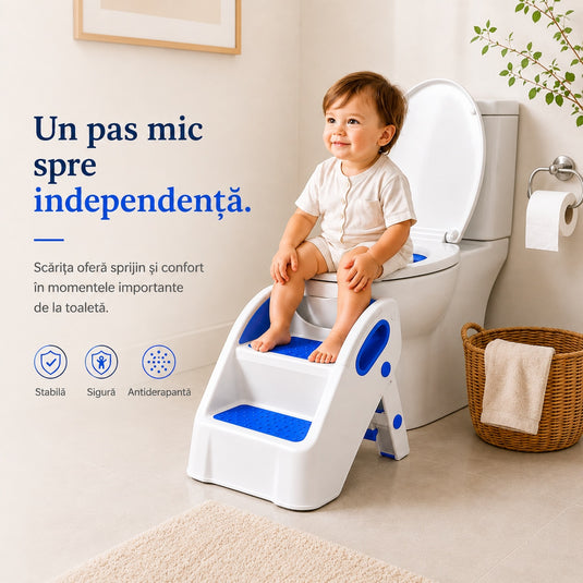 Scarita pentru Copii STEPSY™ Stability+ cu Doua Trepte Antialunecare, Pliabila, Manere Laterale pentru Prindere, Ajutor pentru Chiuveta, Toaleta, Bucatarie, Compacta, Capacitate 68 Kg, Teddy Blue