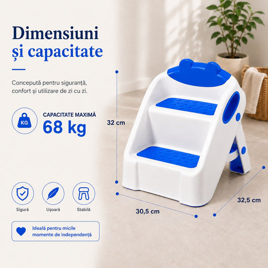 Scarita pentru Copii STEPSY™ Stability+ cu Doua Trepte Antialunecare, Pliabila, Manere Laterale pentru Prindere, Ajutor pentru Chiuveta, Toaleta, Bucatarie, Compacta, Capacitate 68 Kg, Teddy Blue