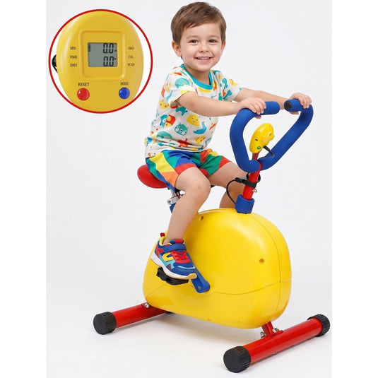 Bicicleta Fitness Stationara pentru Copii MiniMotion™ SpinMax Reglabila pe Inaltime, Ecran Digital Monitorizare Timp, Viteza, Distanta si Calorii, Pedale Antiderapante, Manere cu Spuma SoftTouch, Capacitate 68 Kg, Multicolor