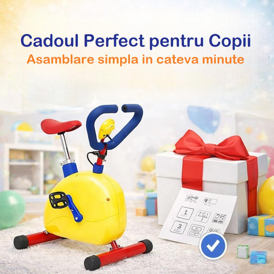 Bicicleta Fitness Stationara pentru Copii MiniMotion™ SpinMax Reglabila pe Inaltime, Ecran Digital Monitorizare Timp, Viteza, Distanta si Calorii, Pedale Antiderapante, Manere cu Spuma SoftTouch, Capacitate 68 Kg, Multicolor