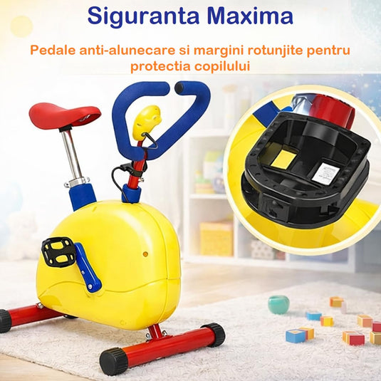 Bicicleta Fitness Stationara pentru Copii MiniMotion™ SpinMax Reglabila pe Inaltime, Ecran Digital Monitorizare Timp, Viteza, Distanta si Calorii, Pedale Antiderapante, Manere cu Spuma SoftTouch, Capacitate 68 Kg, Multicolor