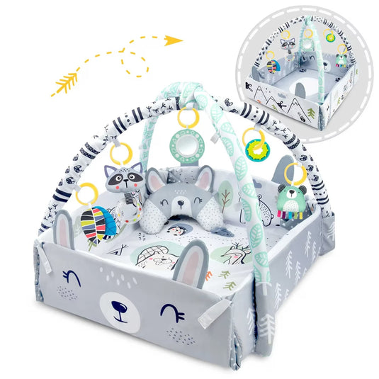 Saltea de Activitati si Spatiu de Joaca 3in1, BabyKING KinderVibe™, cu Perna, 7 Jucarii Senzoriale Detasabile, Doua Arcade, Oglinda, Material Moale cu Protectie Termica, Usor de Curatat, Antiderapant, Multifunctional, Alb/Gri