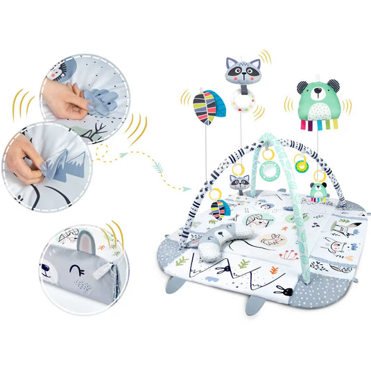 Saltea de Activitati si Spatiu de Joaca 3in1, BabyKING KinderVibe™, cu Perna, 7 Jucarii Senzoriale Detasabile, Doua Arcade, Oglinda, Material Moale cu Protectie Termica, Usor de Curatat, Antiderapant, Multifunctional, Alb/Gri