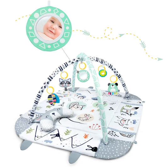 Saltea de Activitati si Spatiu de Joaca 3in1, BabyKING KinderVibe™, cu Perna, 7 Jucarii Senzoriale Detasabile, Doua Arcade, Oglinda, Material Moale cu Protectie Termica, Usor de Curatat, Antiderapant, Multifunctional, Alb/Gri